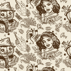 Halloween, vintage seamless pattern. Old school tattoo, gothic style. Witch woman, gypsy, crystal ball, Jack O' Lantern, occult hands. Dark fairy tale, retro background