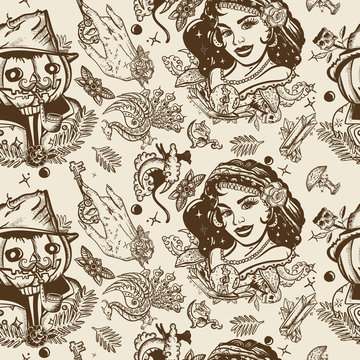 Halloween, vintage seamless pattern. Old school tattoo, gothic style. Witch woman, gypsy, crystal ball, Jack O' Lantern, occult hands. Dark fairy tale, retro background