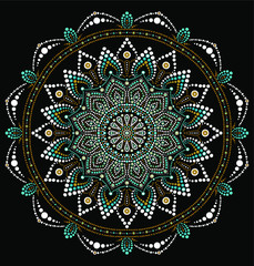 Spot painting point to point. Abstract design of mandala in dot paint style. Aboriginal-style dot painting. Yoga t shirt design