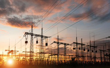 High-voltage power lines. Distribution electric substation with power lines and transformers