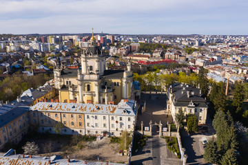 Aerial view on St. George's Cathedral in Lviv, Ukraine from drone