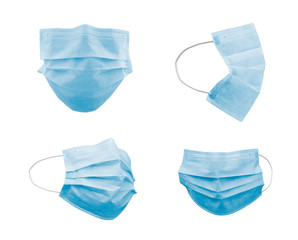 Collection of Blue Medical Face Masks At Different Angles Isolated on White