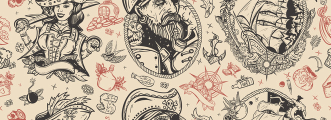 Pirates. Seamless pattern. Caribbean robbers background. Captain, parrot, ship in storm, pin up girl filibuster, anchor, treasure island, swallows, compass. Sea adventure. Traditional tattooing style