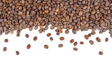 Coffee beans isolated on white with copy space. Background, coffee texture.