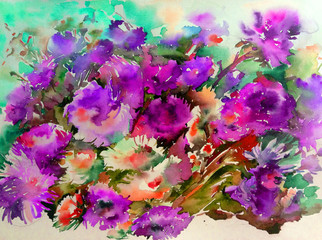 Abstract bright colored decorative background . Floral pattern handmade . Beautiful tender romantic bouquet of aster flowers , made in the technique of watercolors from nature.