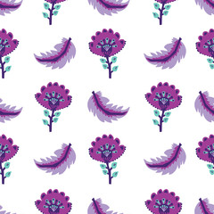 Fototapeta na wymiar Folk 60s gypsy floral with feathers on white background. Great for home decor, wrapping, scrapbooking, wallpaper, gift, kids. 