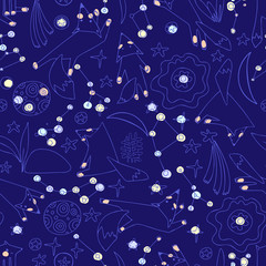 Modern seamless vector pattern of night sky with stars, planets and lined cute dreamy foxes in dark colors. Can be used for printing on paper, wallpaper, coloring, textiles. 