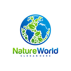 Nature World logo design template vector. Earth with Leaf logo concept. Planet and eco symbol or icon. Unique global and natural, organic logotype design template.