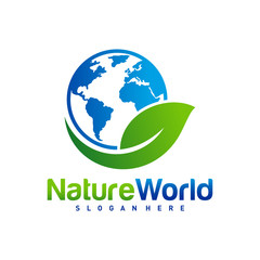 Nature World logo design template vector. Earth with Leaf logo concept. Planet and eco symbol or icon. Unique global and natural, organic logotype design template.