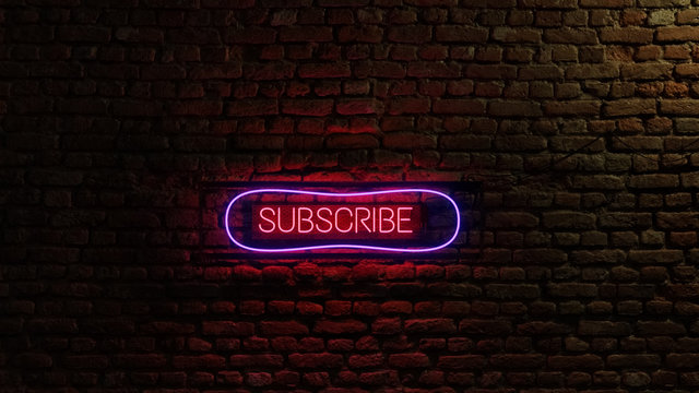neon subscribe glowing sign with brick wall in background