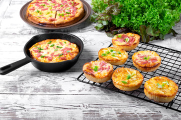 Belarusian pie, Smazhenka, with sausage, egg and topped with green onion