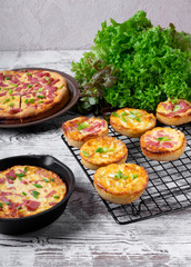 Belarusian pie, Smazhenka, with sausage, egg and topped with green onion