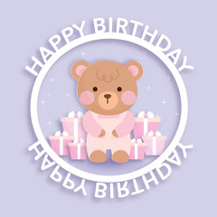 Set of baby shower cards and birthday cards with cute bear and gift boxes .