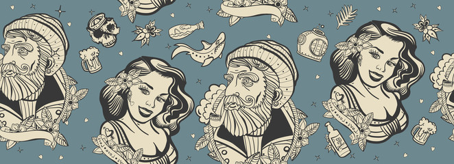 Naklejka premium Sea adventure seamless pattern. Retro background. Old school tattoo style. Sea wolf captain and sailor girl. Traditional tattooing art