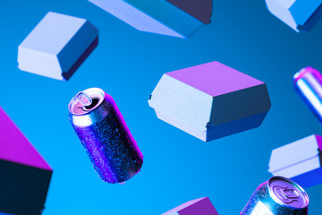 Blank Box From Recyclable Craft Paper Or Cardboard Near Aluminium Cans With Cold Droplets Illuminated by Neon Light. 3d rendering