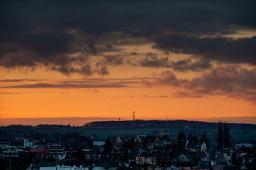 Beautiful sundawn twilight over the city. Horizont, sky with clouds.