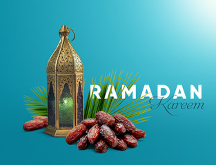 Minimal creative ramadan concept. Dates close-up in the foreground with ramadan Lantern. Ramadan...
