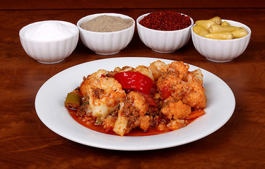 very nice mince cauliflower turkish spicy on white plate