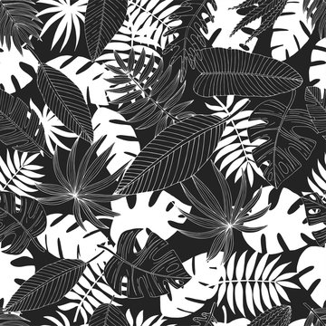 Seamless pattern from a set of tropical or forest leaves in black and white sketch style on black background, oval, palmate, paired, pinnate, ovoid type