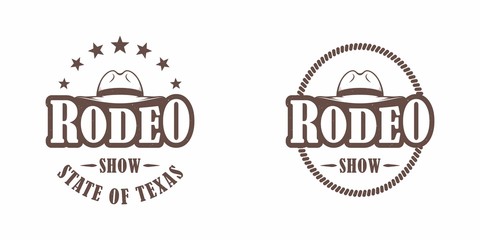 Set of color illustrations cowboy hat, text and lasso on a white background. Vector illustration on the theme of the wild west of America. Rodeo show.