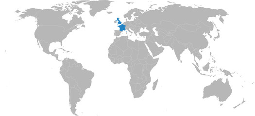 France, United kingdom, countries highlighted on world map. Business concepts, diplomatic, trade, transport relations.