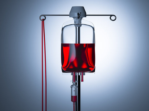 Blood Transfusion Bag on Illuminated Background. Copy Space. Empty Space. Drop Counter With Red Liquid Content. 3d Rendering
