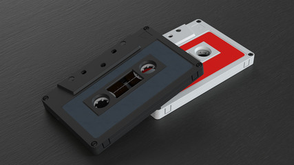 Two audio cassettes on a black wooden background with depth of field. Vintage cassette close up. 3d render.