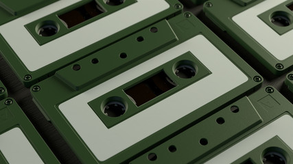Obraz premium Grid pattern with retro audio cassettes on a black wooden background with depth of field. Vintage cassette close up. 3d render.