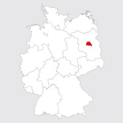 Berlin province highlighted on germany map. Gray background. German political map.