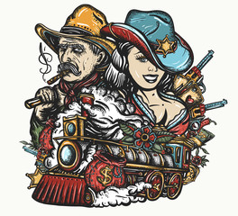 Fototapeta na wymiar Wild West art. Robbery of steam train. Cowboy girl sheriff and gold digger. Old criminal western. Guns, money and playing cards. Wanted poster style. American history, tattoo and t-shirt design