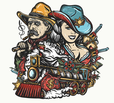 Wild West art. Robbery of steam train. Cowboy girl sheriff and gold digger. Old criminal western. Guns, money and playing cards. Wanted poster style. American history, tattoo and t-shirt design