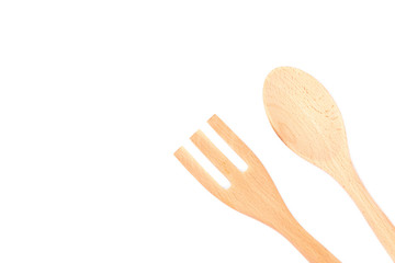 Wooden spoon and fork isolated on white background