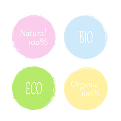 Natural, Organic, BIO, ECO color circle brush stroke backgrounds. Vector inscription words in colored labels.