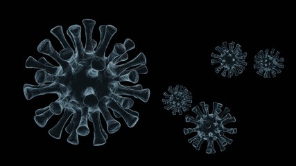 3D model of a microscopic parasitic virus meant to represent a Corona virus like SARS, COVID-19 or Coronavirus under an electron microscope.