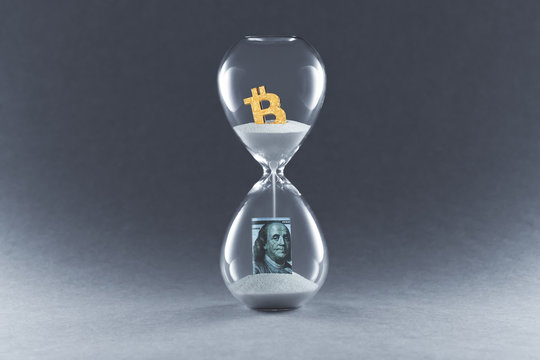 Hourglass on dark background. Concept passing traditional currency time, and time cryptocurrency Bitcoin and blockchain technology.