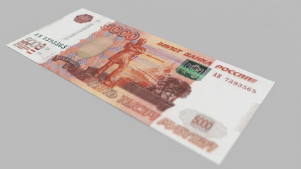 Five thousand rubles with a depth of field on a white background. 3d illustration.