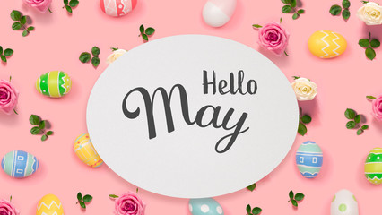 Hello May message with Easter eggs on a pink background