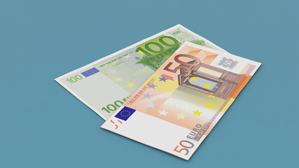 Two euros banknotes with a depth of field on a blue background. 3d illustration.