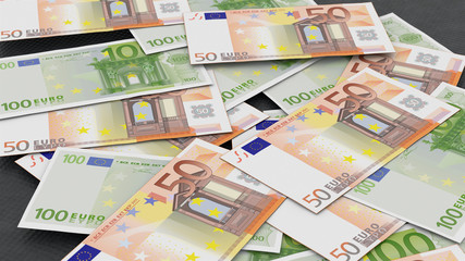 Background of fifty and one hundred euros banknotes with a depth of field. 3d illustration.