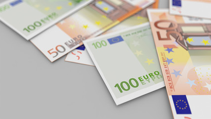 Background of fifty and one hundred euros banknotes with a depth of field. 3d illustration.