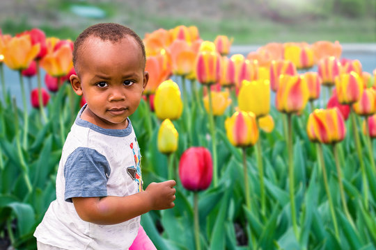 An African American Toddler Is Playing Outside On A Sunny Day