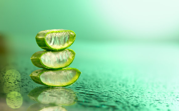 Aloe Vera closeup. Slices of Aloevera leaf plant gel, natural organic renewal cosmetics, alternative medicine. Skin care, moisturizing concept. Skincare. On green background. Moisture concept