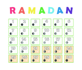 Ramadan children calendar. Fasting tick calendar, moon cycle phases, New moon. 30 days of Ramadan Islamic holy month. Vector graphic illustration