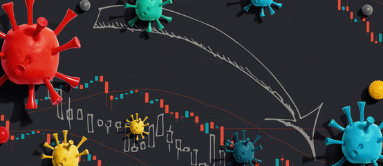 Stock market crash theme with viruses and downward stock price charts