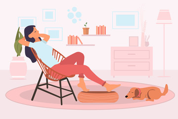 Young woman sitting and relaxing on a retro chair in her living room at home and cute dog sleeping on the floor next to a girl feet. Resting at home concept. Vector illustration flat style