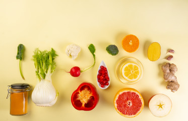 Immune boosting health food selection over yellow background