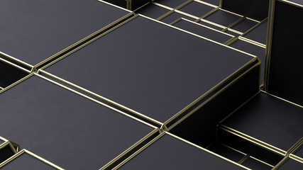 Creative abstract background with geometric shapes.Block structure with black cubes and gold grid. 3d rendering.