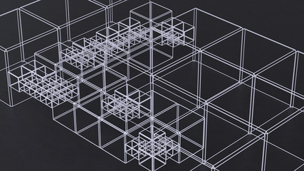 Creative abstract background with a geometric grid. Grid structure with white lines on a black background. 3d rendering.