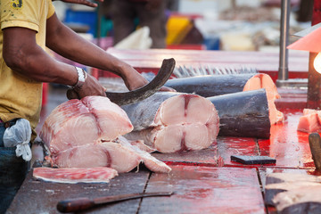 Hands with knife chopping fish outdoors. A fisherman and fish seller is tracking sliced a big fish...