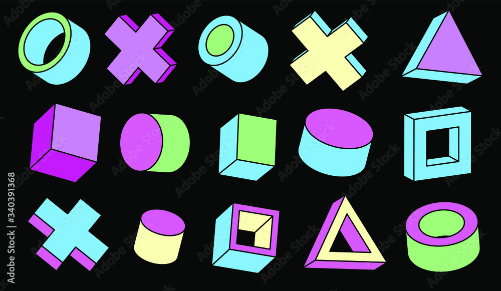 Poster set of simple geometic 3d elements in bauhaus neo-memphis retro style, colored in punchy pastel colo